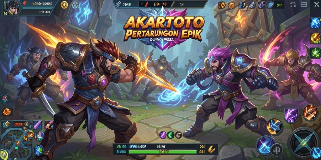Tampilan gameplay intens dengan pertarungan epik karakter MOBA.