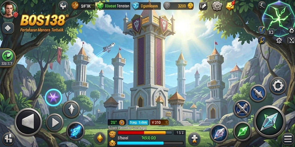 Tampilan menarik dengan menara dan musuh dalam permainan Tower Defense.