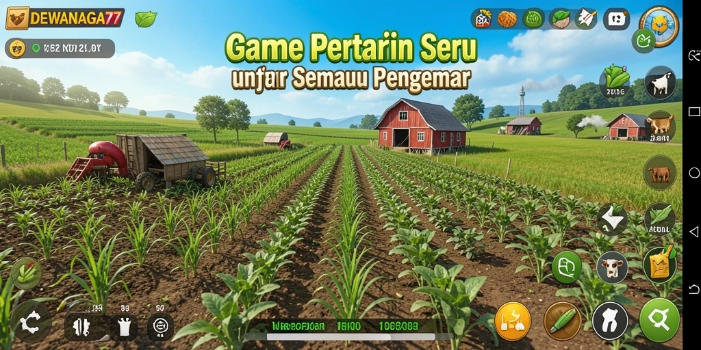 Screenshot gameplay DEWANAGA77 menampilkan kebun yang subur dan hewan ternak yang sehat.