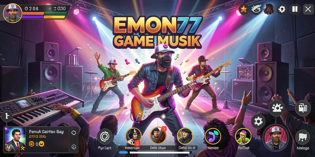 Tampilan gameplay EMON77 dengan berbagai tantangan musik.