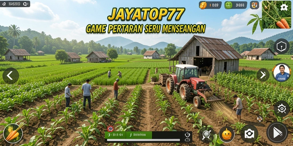 Gameplay JAYATOP77 yang menampilkan kebun yang rimbun dan hewan ternak.
