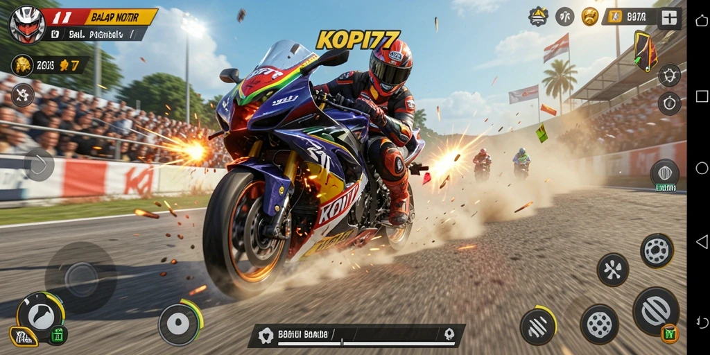 Tangkapan layar menunjukkan aksi balap motor yang mendebarkan di KOPI77.