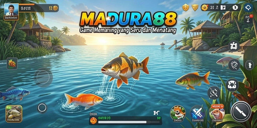 Screenshot MADURA88 menampilkan pemain menangkap ikan besar di laut.