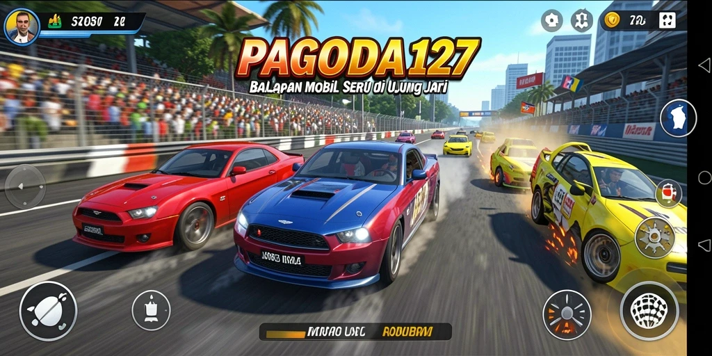 Screenshot utama PAGODA127 menampilkan bolak-balik balapan mobil yang sangat menegangkan.