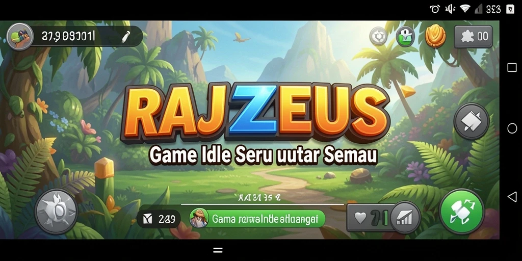 Tampilan gameplay <strong>RAJAZEUS</strong> yang menunjukkan karakter mengumpulkan sumber daya secara otomatis.
