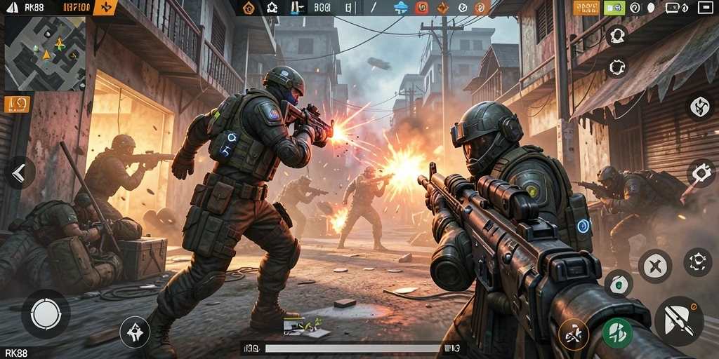 Tangkapan layar gameplay seru dari RK88, menampilkan pertempuran intens.